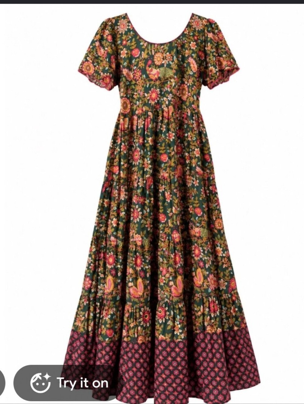 NATURAL LIFE Olive Floral Tiered Maxi Dress with Coral Accents